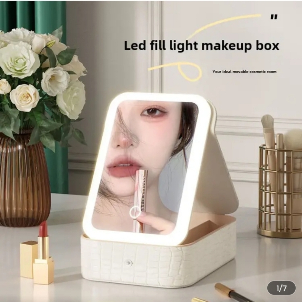 LED Lighted Makeup Mirror in White Croc Texture